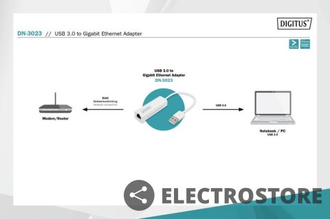 Digitus Karta sieciowa przewodowa USB 3.0 do Gigabit Ethernet 10/100/1000Mbps Digitus Karta sieciowa przewodowa USB 3.0 do Gigabit Ethernet 10/100/1000Mbps