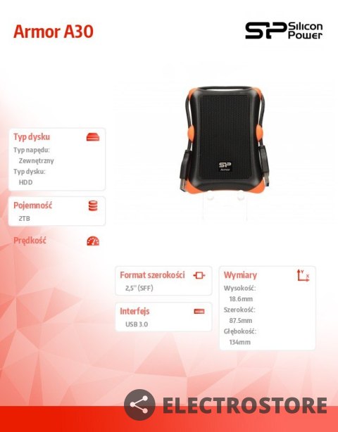 Silicon Power ARMOR A30 2TB USB 3.0 BLACK-ORANGE / PANCERNY / wstrząsoodporny