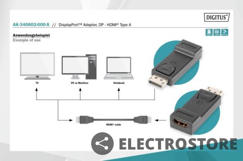 Digitus Adapter Displayport 1080p 60Hz FHD Typ DP/HDMI A M/Ż czarny Digitus Adapter Displayport 1080p 60Hz FHD Typ DP/HDMI A M/Ż czarny
