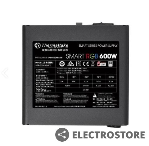 Thermaltake Smart 600W RGB (80+ 230V EU, 2xPEG, 120mm, Single Rail) Thermaltake Smart 600W RGB (80+ 230V EU, 2xPEG, 120mm, Single Rail)