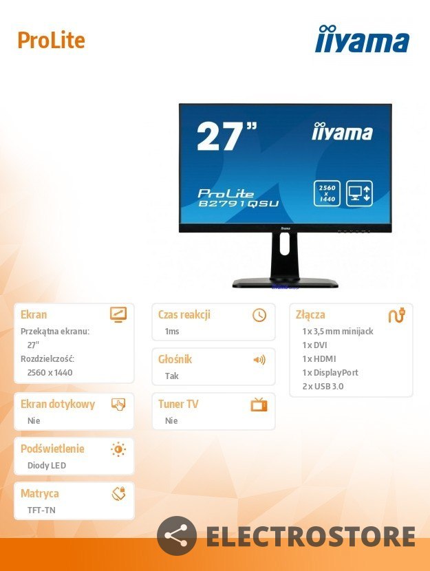 IIYAMA Monitor 27 B2791QSU-B1 WQHD,PIVOT,HDMI,DP,USB.