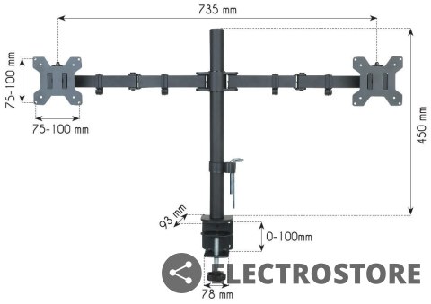 Techly Podwójne ramię biurkowe LED/LCD 13-27 cali 2x10kg VESA regulowane Techly Podwójne ramię biurkowe LED/LCD 13-27 cali 2x10kg VESA regulowane