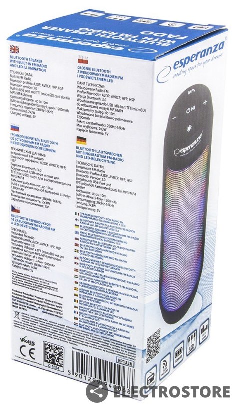 Esperanza Głośnik FADO bluetooth z podświetleniem LED Esperanza Głośnik FADO bluetooth z podświetleniem LED