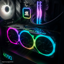 Karta graficzna (GPU) z podświetleniem RGB, kluczowy komponent dla wysokiej jakości grafiki w grach.