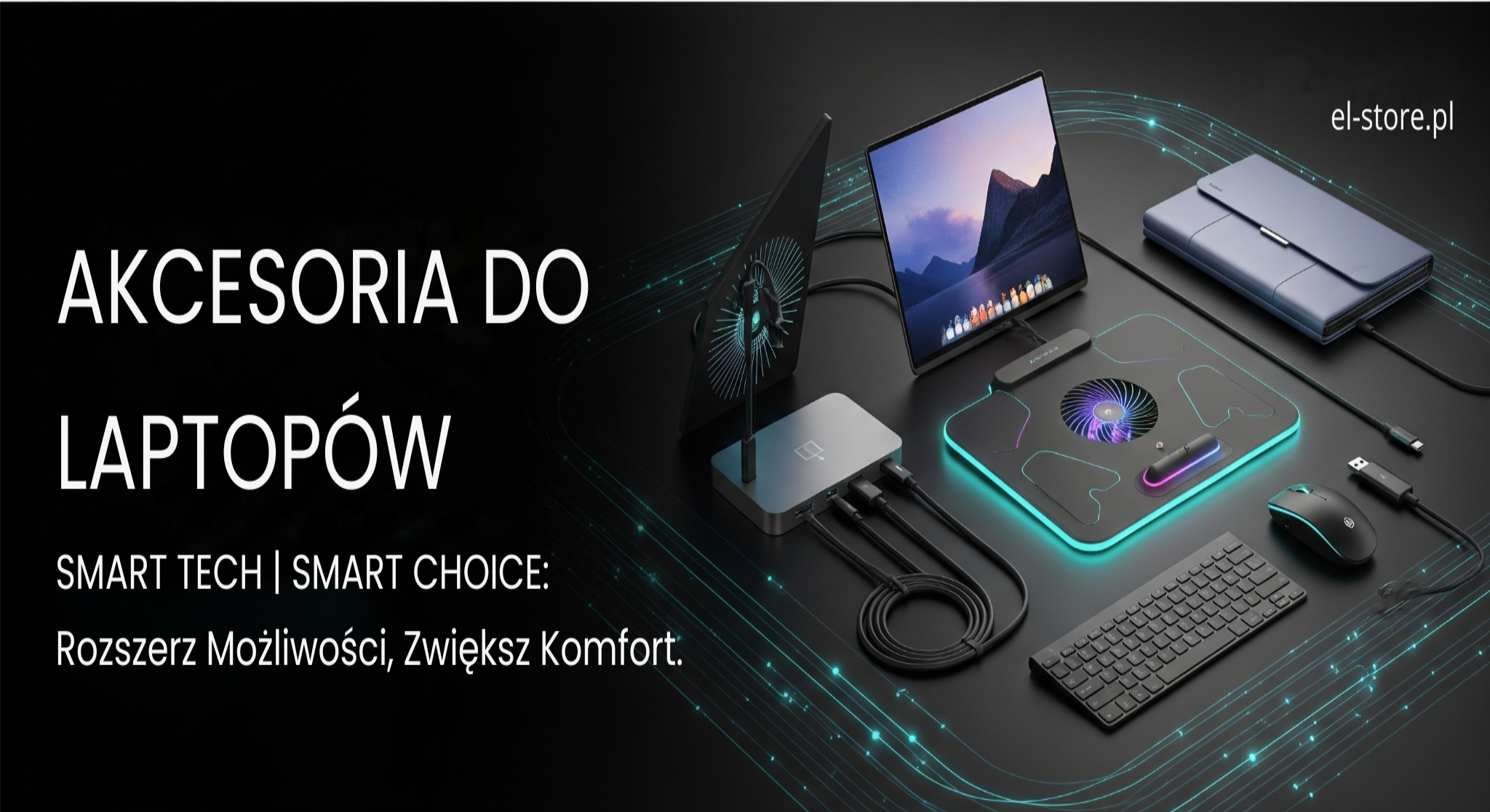 Baner El-Store z różnorodnymi akcesoriami do laptopów, takimi jak stacja dokująca, podkładka chłodząca, klawiatura i mysz, na ciemnym tle z futurystycznymi światłami. Tytuł: Akcesoria do Laptopów. Slogan: SMART TECH | SMART CHOICE: Rozszerz Możliwości, Zwiększ Komfort. Adres strony: El-Store.pl.