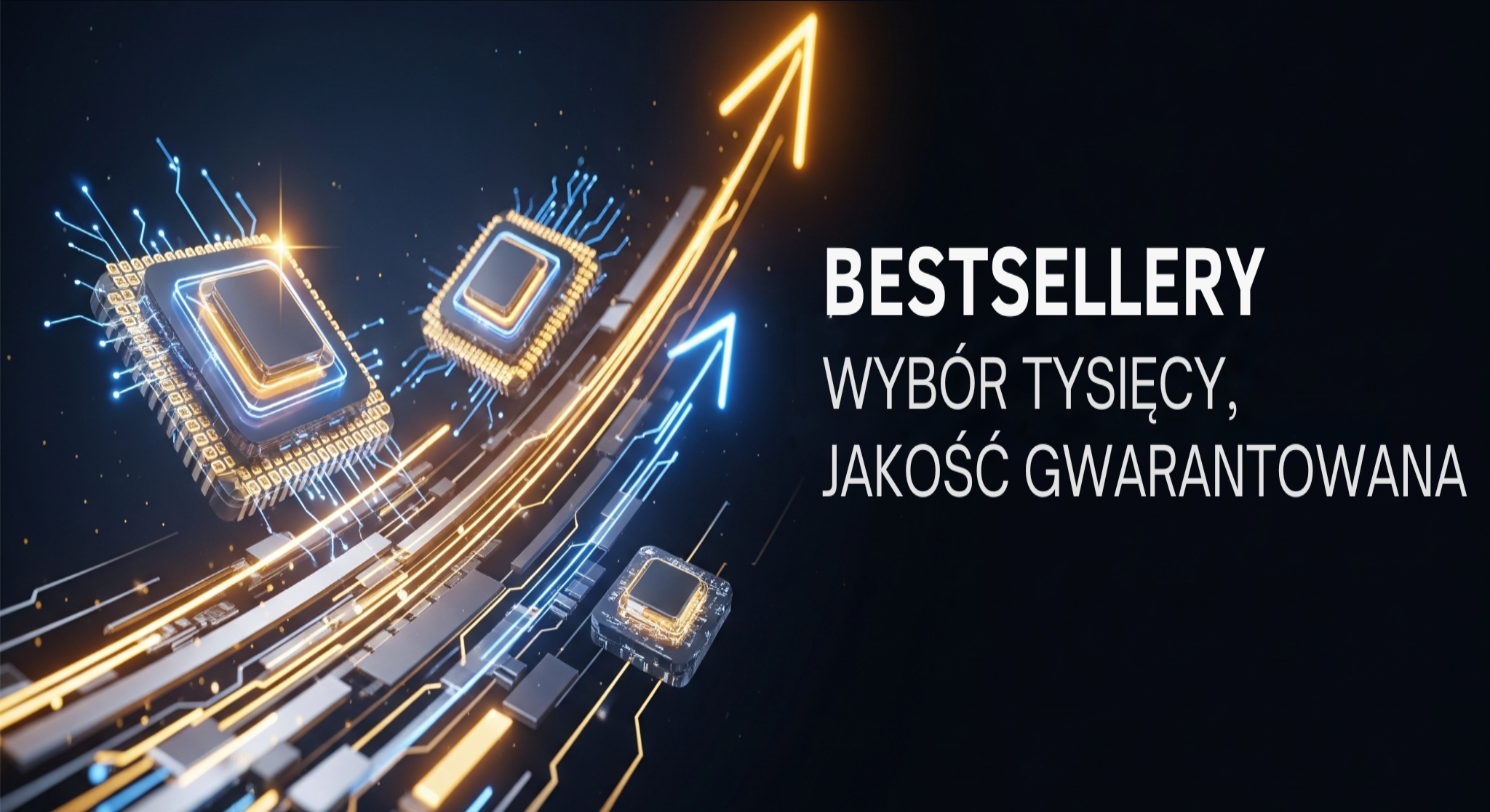 Nowoczesna grafika promująca bestsellery El-Store.pl – układ scalony i procesory z neonowymi strzałkami symbolizującymi wzrost i technologię. Hasło „BESTSELLERY – Wybór tysięcy, jakość gwarantowana” na ciemnym tle. Wizualizacja dla sklepu internetowego z elektroniką w Polsce.