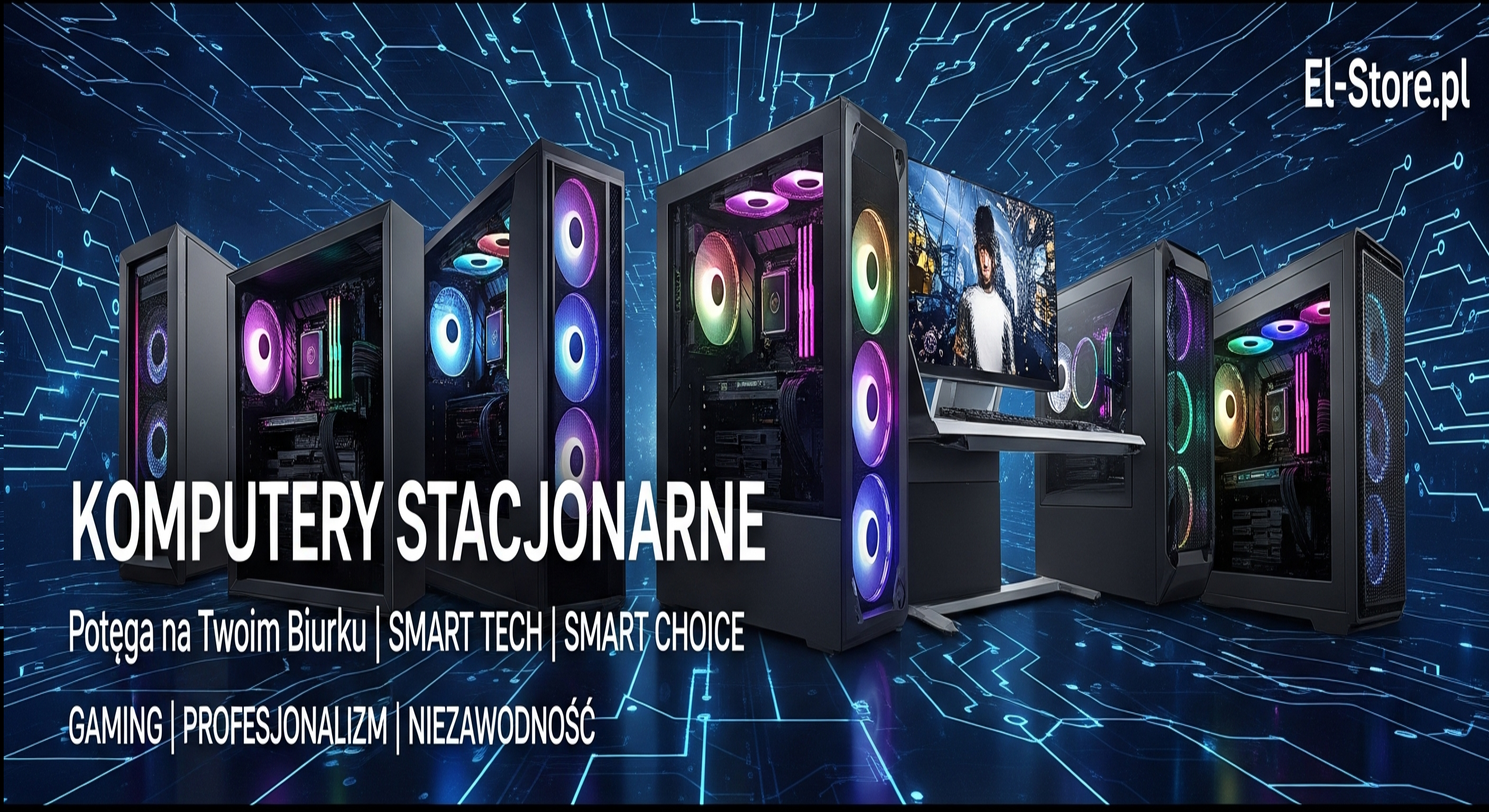 Baner subkategorii Komputery Stacjonarne w El-Store.pl. Przedstawia kilka wysokowydajnych komputerów stacjonarnych, w tym gamingowe z podświetleniem RGB i profesjonalne stacje robocze, na ciemnym, futurystycznym tle z niebieskimi obwodami. Napisy: KOMPUTERY STACJONARNE, Potęga na Twoim Biurku | SMART TECH | SMART CHOICE, Gaming | Profesjonalizm | Niezawodność. Logo El-Store w prawym górnym rogu.