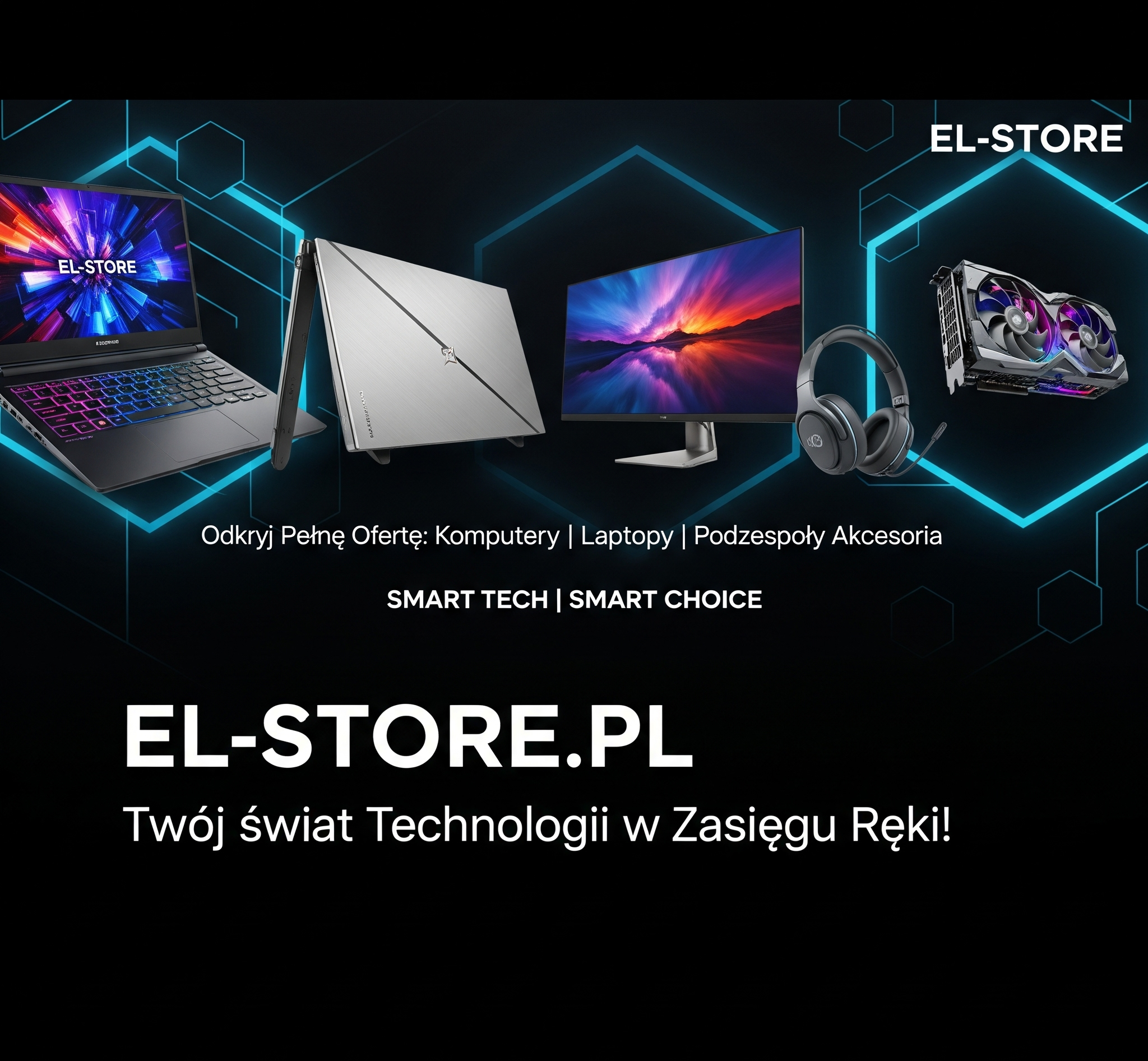 Baner główny El-Store.pl - wszystkie kategorie, elektronika, sprzęt IT, w tle z elementami logo