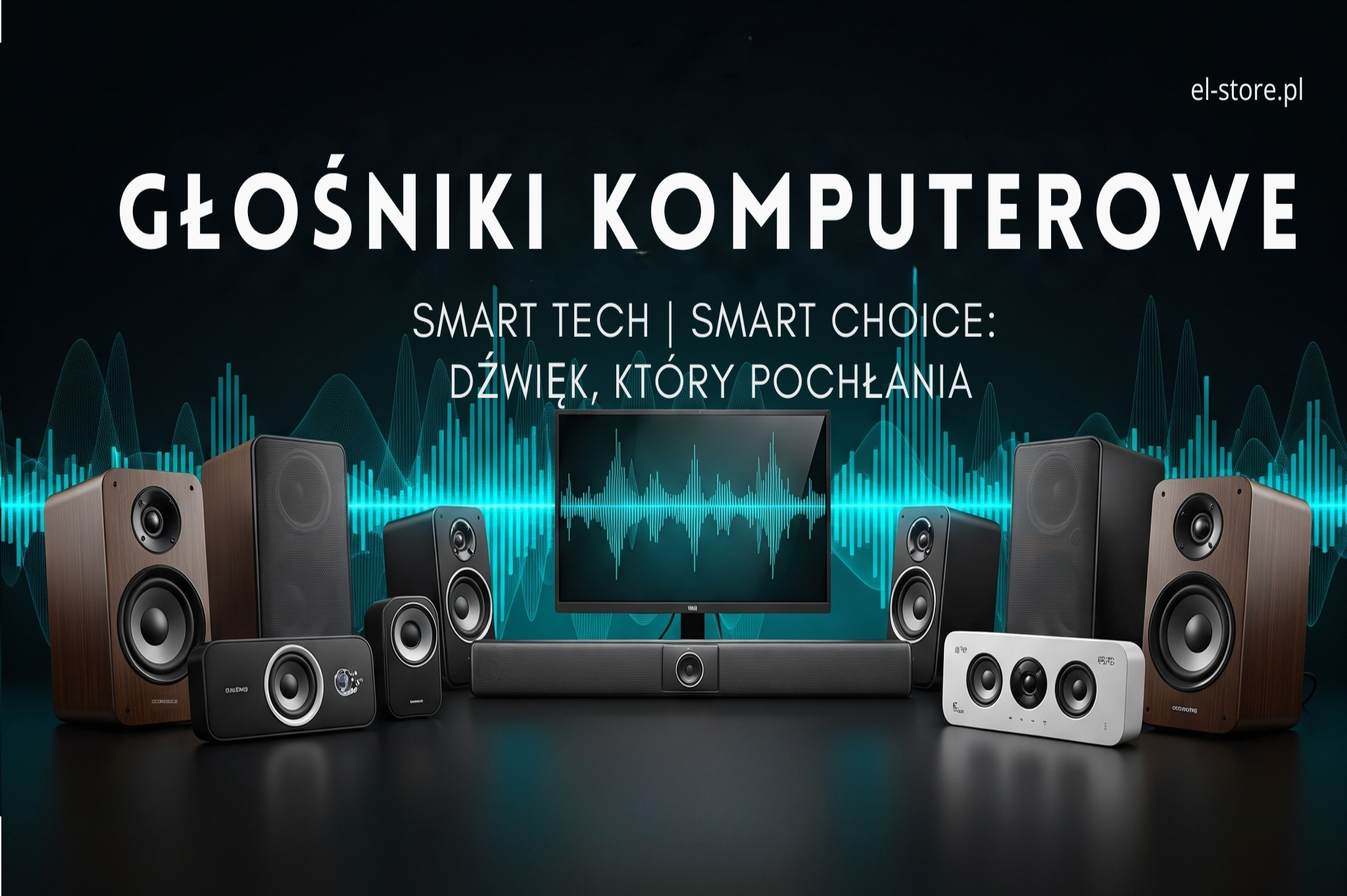 Baner reklamowy El-Store: GŁOŚNIKI KOMPUTEROWE. Elegancka grafika przedstawiająca różnorodne głośniki komputerowe (stereo, 2.1 z subwooferem, soundbary) na ciemnym tle z subtelnymi falami dźwiękowymi i turkusowym podświetleniem. Slogan "SMART TECH | SMART CHOICE: Dźwięk, Który Pochłania" oraz adres strony El-Store.pl. Idealne do wzbogacenia wrażeń audio z komputera.