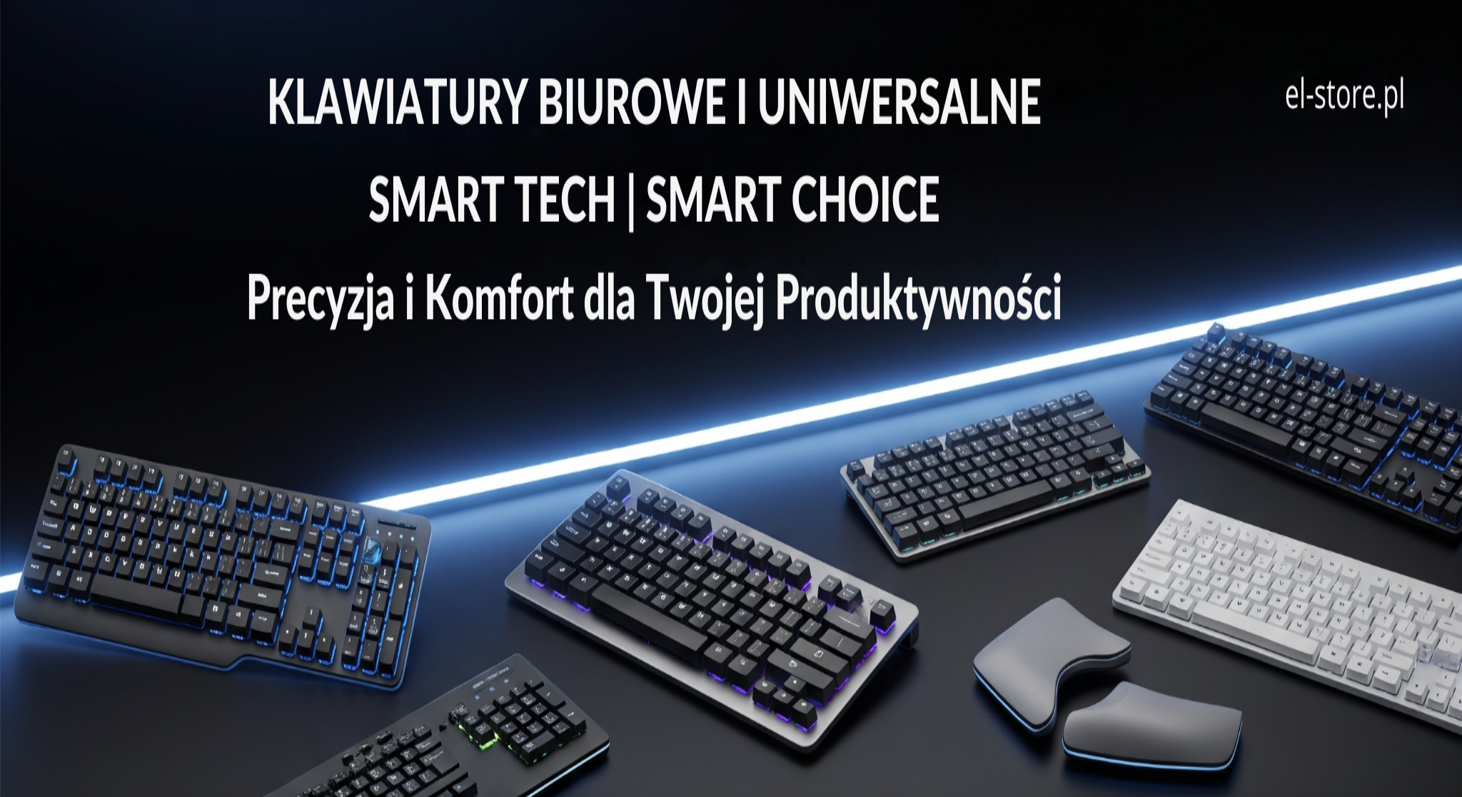 Baner kategorii Klawiatury Biurowe i Uniwersalne El-Store: elegancka grafika przedstawiająca różnorodne, nowoczesne klawiatury biurowe i uniwersalne, w tym modele ergonomiczne i bezprzewodowe, umieszczone na minimalistycznym, ciemnym tle z subtelnym niebiesko-białym podświetleniem. W prawym górnym rogu logo El-Store. Na banerze widoczne teksty: "KLAWIATURY BIUROWE I UNIWERSALNE", "SMART TECH | SMART CHOICE" oraz "Precyzja i Komfort dla Twojej Produktywności". Idealny dla użytkowników ceniących wydajność i komfort w pracy.