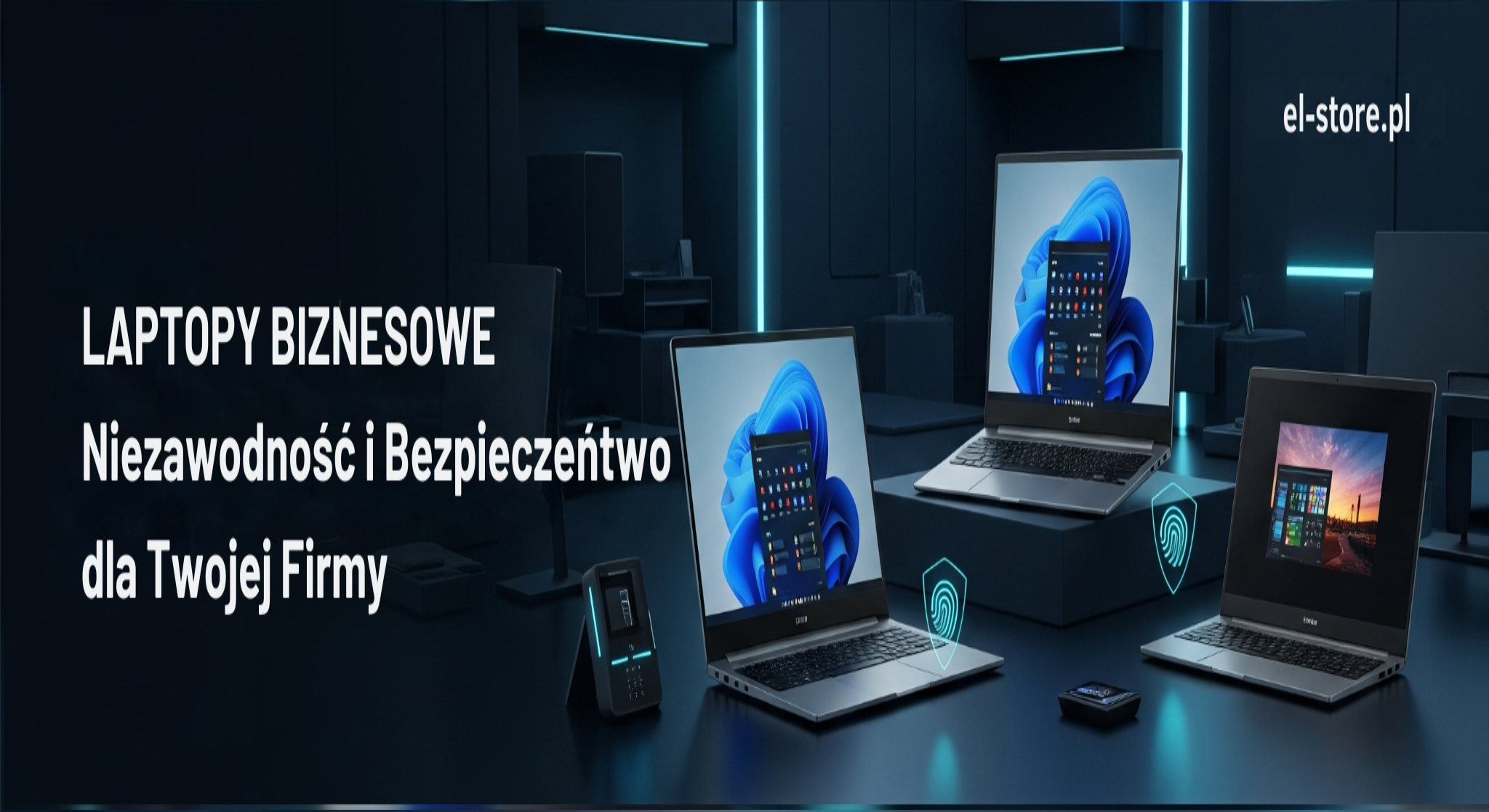 Baner El-Store.pl: Laptopy Biznesowe. Niezawodność i Bezpieczeństwo dla Twojej Firmy. Grafika przedstawia eleganckie laptopy biznesowe z ikonami bezpieczeństwa, na ciemnym, profesjonalnym tle z subtelnym niebieskim podświetleniem.