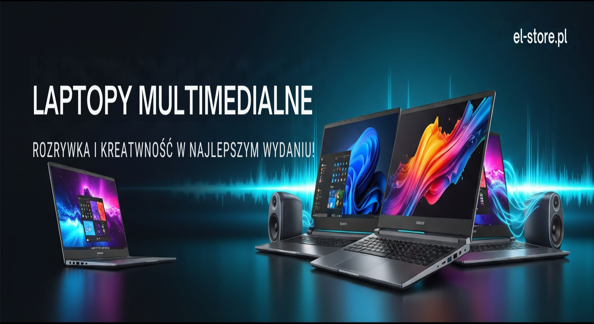 Baner El-Store.pl: Laptopy Multimedialne. Rozrywka i Kreatywność w Najlepszym Wydaniu! Grafika przedstawia eleganckie laptopy multimedialne z żywymi ekranami i głośnikami, na ciemnym, futurystycznym tle z turkusowymi i fioletowymi podświetleniami.