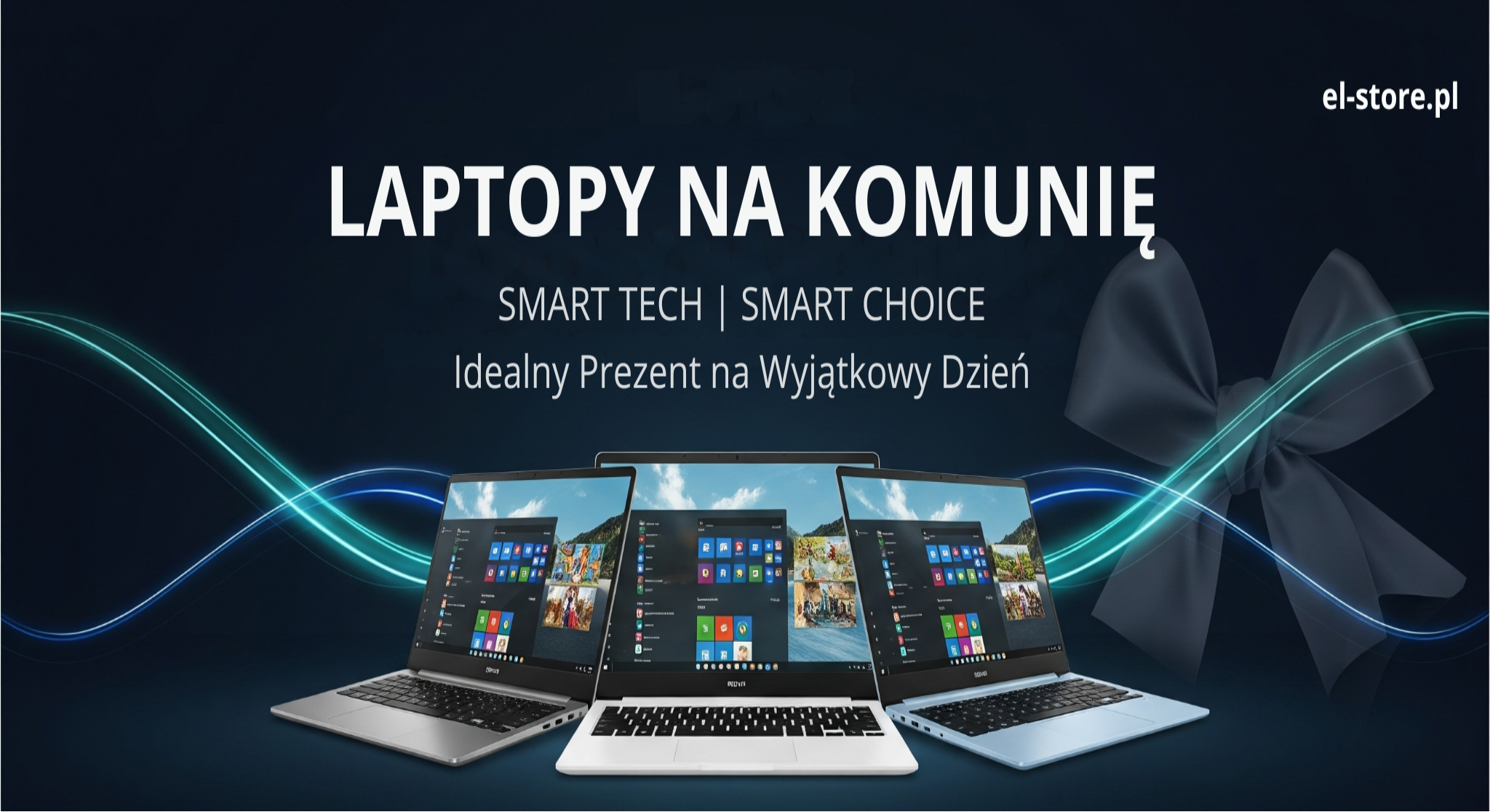 Laptop na Komunię: Baner El-Store prezentujący nowoczesne laptopy jako idealny prezent na Pierwszą Komunię Świętą. Widoczne modele w różnych kolorach (srebrny, biały, niebieski) z otwartymi ekranami, w tle subtelne niebieskie światła i kokarda. Tekst: "LAPTOPY NA KOMUNIĘ" oraz slogan "SMART TECH | SMART CHOICE: Idealny Prezent na Wyjątkowy Dzień". W prawym górnym rogu logo El-Store, na dole adres strony El-Store.pl.