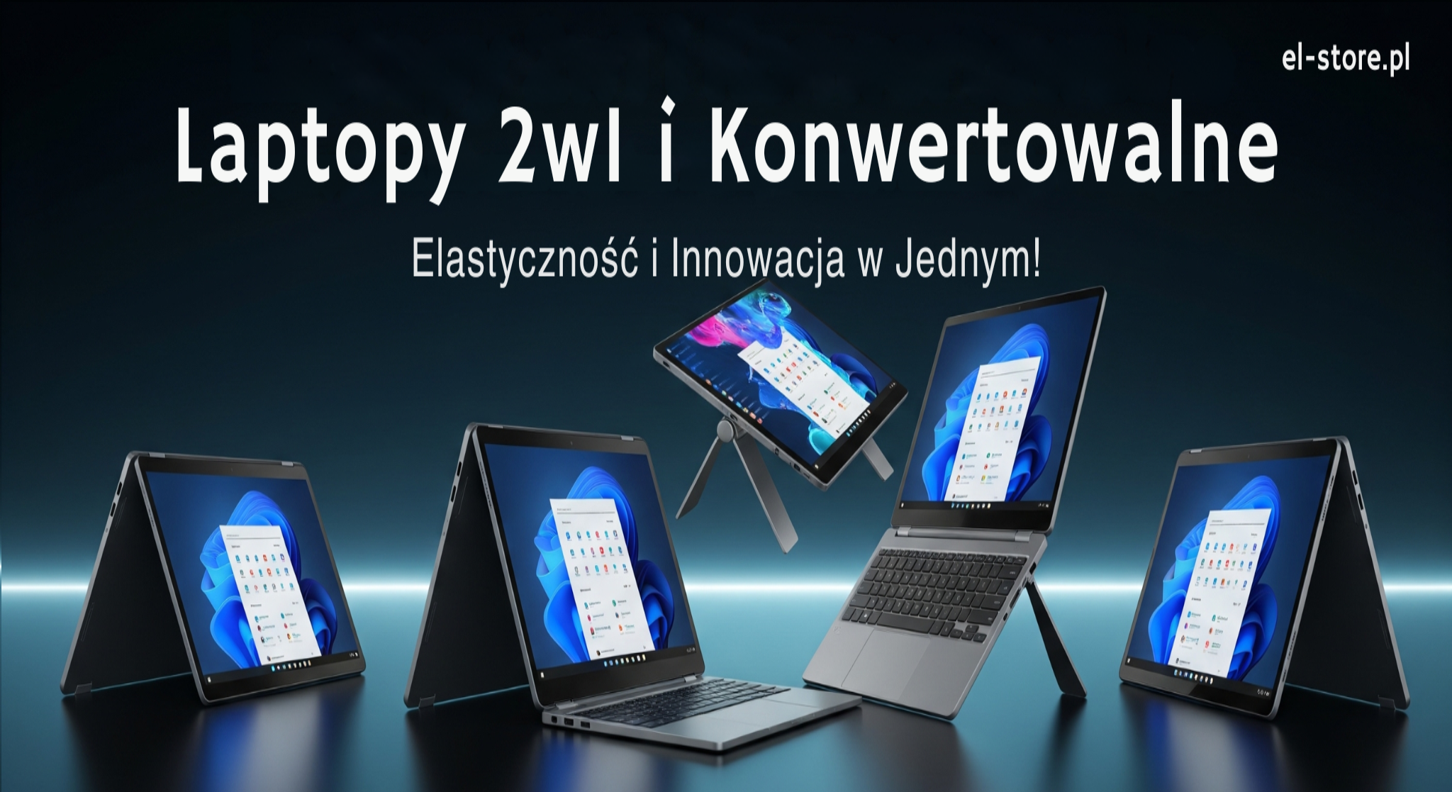 Baner El-Store.pl: Laptopy 2w1 i Konwertowalne. Elastyczność i Innowacja w Jednym! Grafika przedstawia nowoczesne laptopy konwertowalne w różnych trybach użytkowania (laptop, tablet, namiot), na ciemnym, futurystycznym tle z niebieskimi podświetleniami.