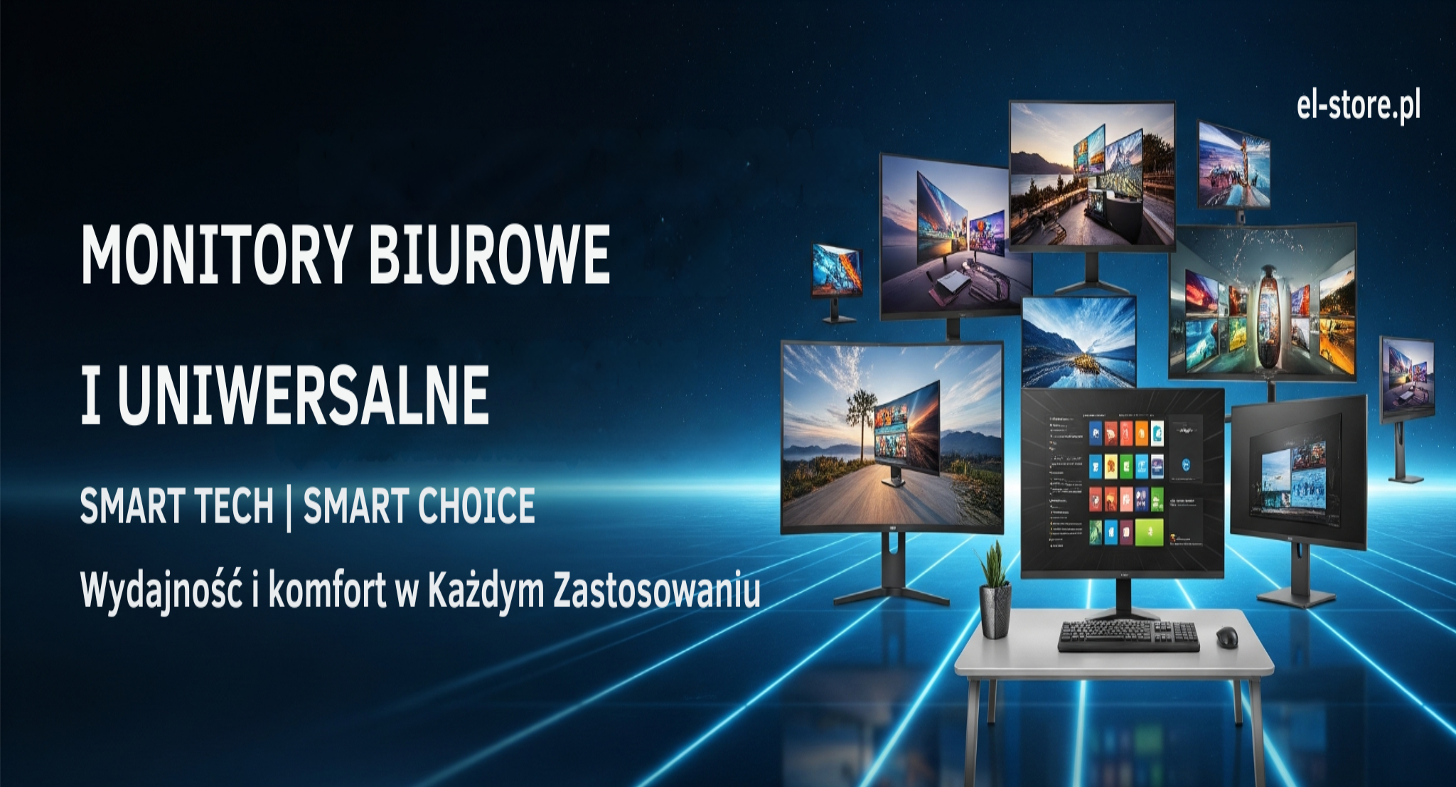 Baner kategorii Monitory Biurowe i Uniwersalne El-Store: grafika przedstawiająca różnorodne monitory do biura i uniwersalne, w tym modele z podstawkami i na ramionach, umieszczone na ciemnym, futurystycznym tle z niebieskimi i turkusowymi liniami światła. W prawym górnym rogu logo El-Store. Na banerze widoczne teksty: "MONITORY BIUROWE I UNIWERSALNE", "SMART TECH | SMART CHOICE" oraz "Wydajność i Komfort w Każdym Zastosowaniu". Idealny dla osób szukających monitorów do pracy i codziennego użytku.