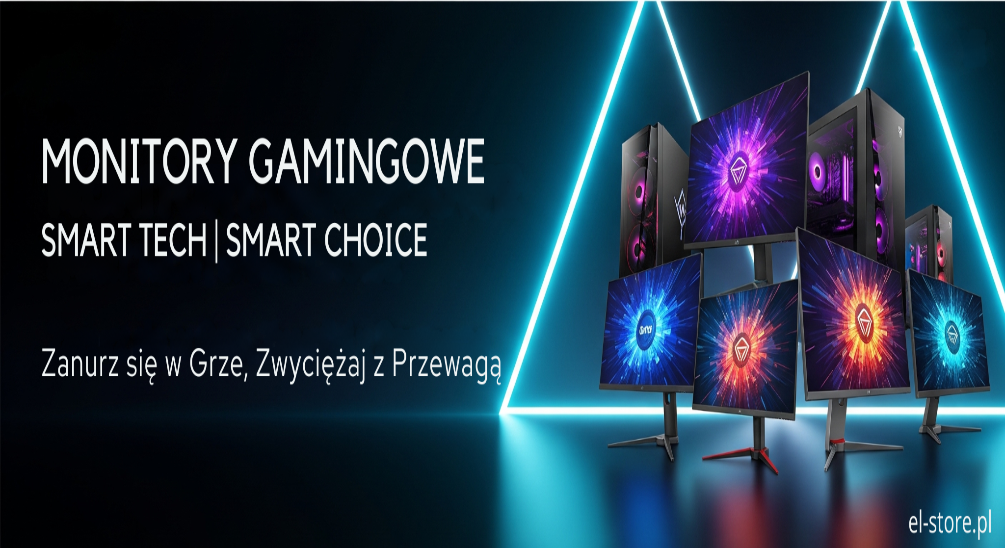 Baner kategorii Monitory Gamingowe El-Store: dynamiczna grafika przedstawiająca nowoczesne monitory gamingowe z kolorowymi podświetleniami, umieszczone na ciemnym, futurystycznym tle z niebieskimi liniami światła. W prawym górnym rogu logo El-Store. Na banerze widoczne teksty: "MONITORY GAMINGOWE", "SMART TECH | SMART CHOICE" oraz "Zanurz się w Grze, Zwyciężaj z Przewagą". Idealny dla graczy szukających monitorów do gier.