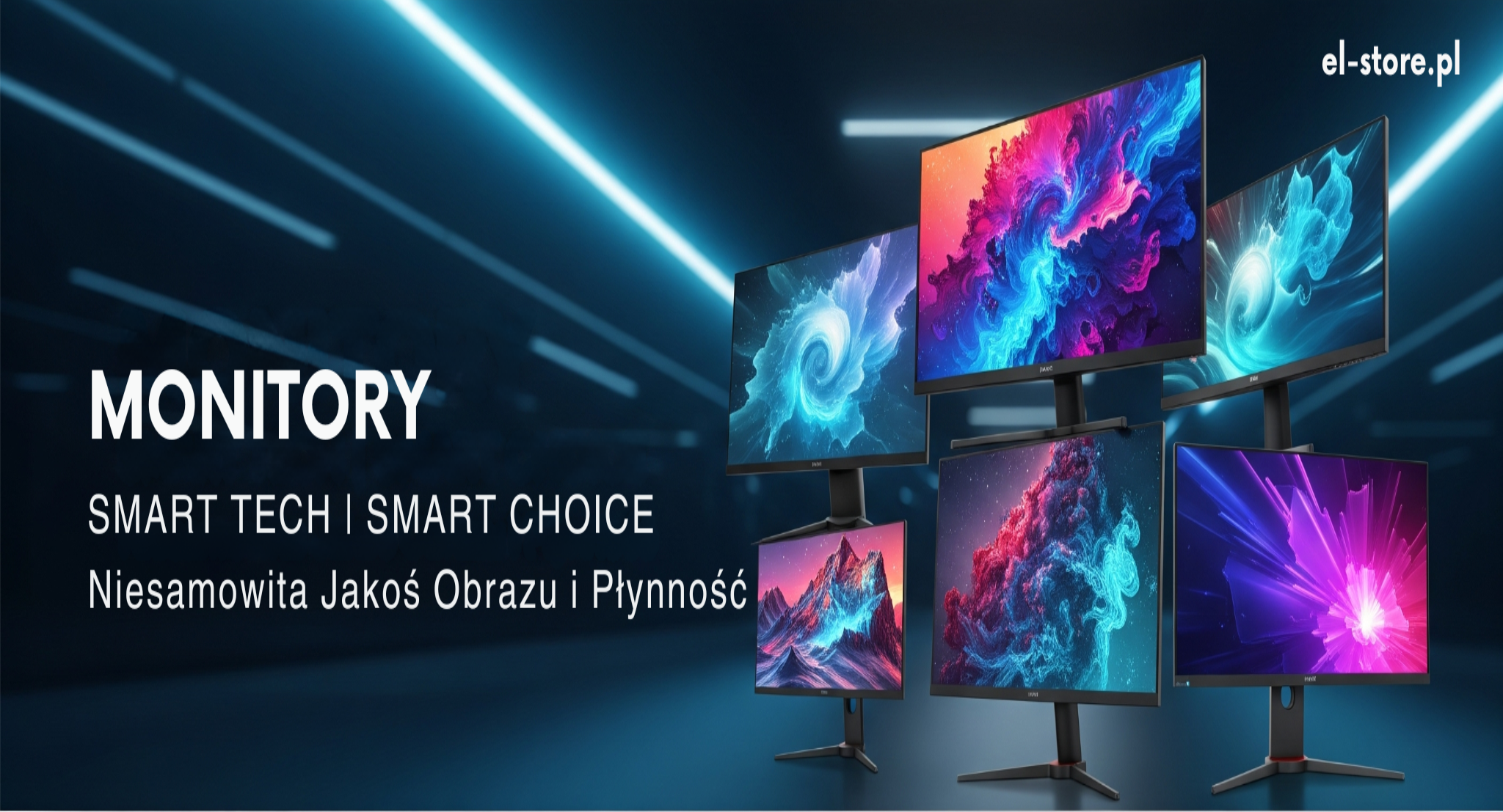 Baner kategorii Monitory El-Store: futurystyczny widok z różnymi modelami monitorów gamingowych i biurowych, podświetlonych niebiesko-turkusowym światłem. Na banerze widoczny napis "MONITORY", "SMART TECH | SMART CHOICE: Niesamowita Jakość Obrazu i Płynność" oraz logo El-Store. Idealny do wyszukiwania monitorów o wysokiej jakości obrazu i płynności działania.