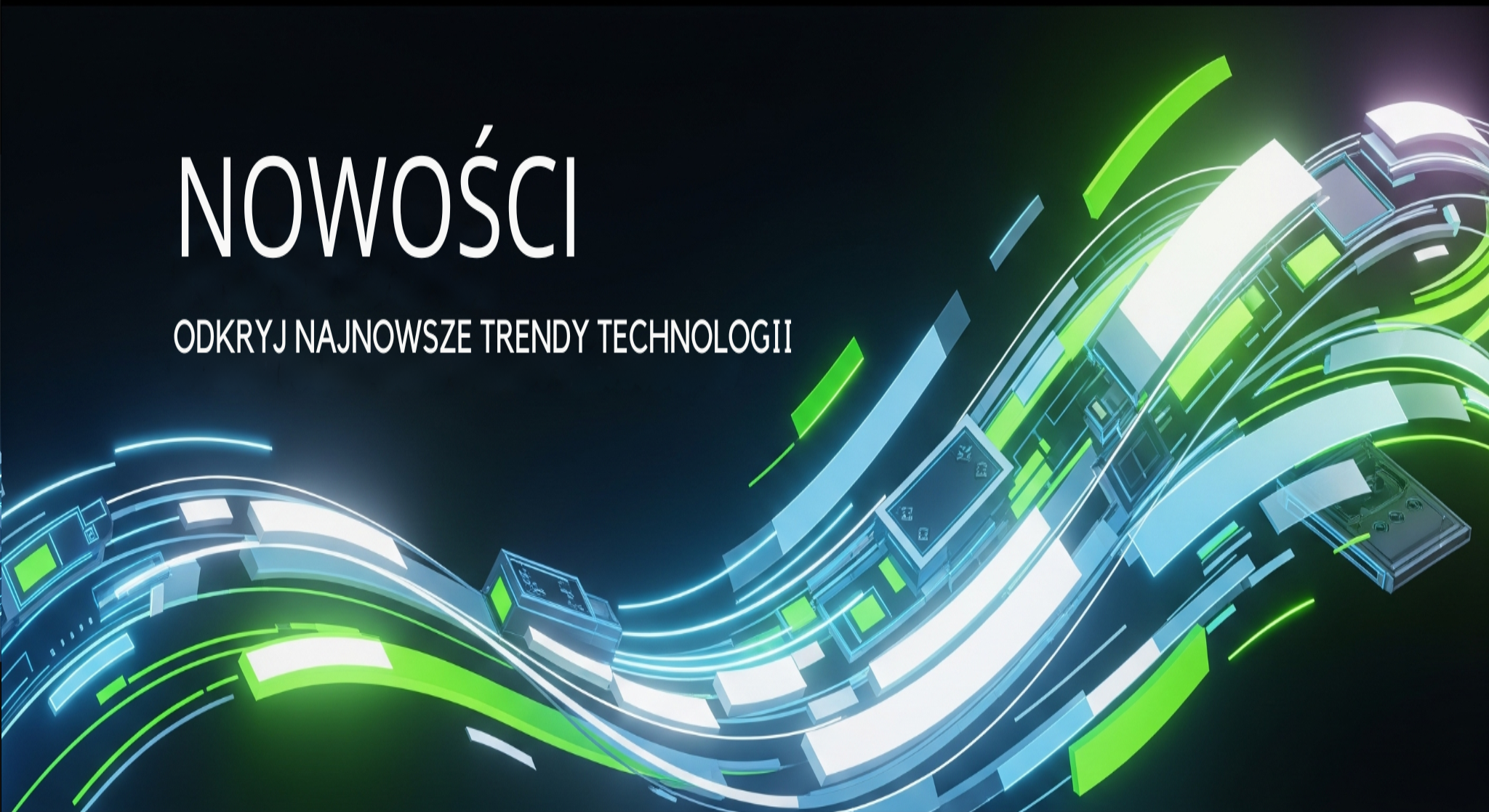 Grafika promująca nowości technologiczne w sklepie El-Store.pl – dynamiczne, futurystyczne linie w kolorach zielonym, niebieskim i białym symbolizujące innowacje i przepływ danych. Hasło „NOWOŚCI – Odkryj najnowsze trendy technologii” na ciemnym tle. Wizualizacja trendów technologicznych i premier produktów w Polsce.