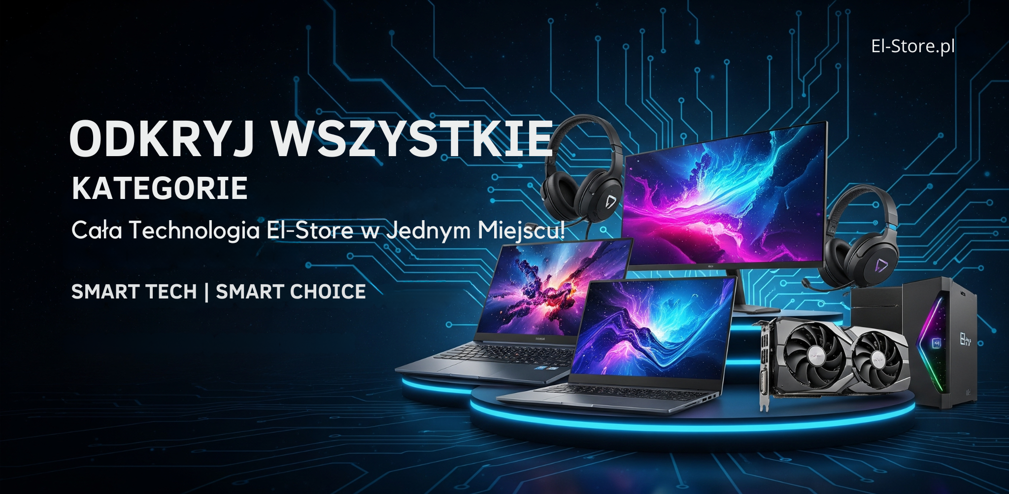 Baner dla sekcji Wszystkie kategorie w El-Store.pl. Przedstawia dynamiczną kompozycję różnorodnych produktów technologicznych: laptopy, monitor, słuchawki gamingowe, karta graficzna i komputer PC, umieszczone na podświetlanych platformach na ciemnym, futurystycznym tle z niebieskimi obwodami. Napisy: Odkryj Wszystkie Kategorie, Cała Technologia El-Store w Jednym Miejscu!, SMART TECH | SMART CHOICE. Logo El-Store.pl w prawym górnym rogu.