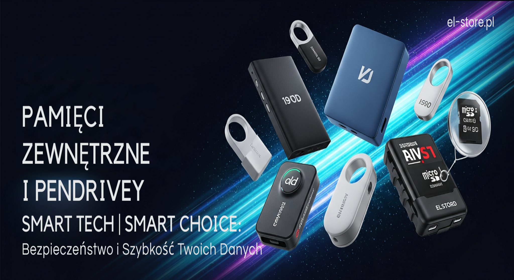 Baner El-Store prezentujący różnorodne pamięci zewnętrzne i pendrive'y, w tym dyski SSD i pamięci USB, na ciemnym tle z dynamicznymi smugami światła symbolizującymi przepływ danych. Tytuł: Pamięci Zewnętrzne i Pendrive'y. Slogan: SMART TECH | SMART CHOICE: Bezpieczeństwo i Szybkość Twoich Danych. Adres strony: El-Store.pl.
