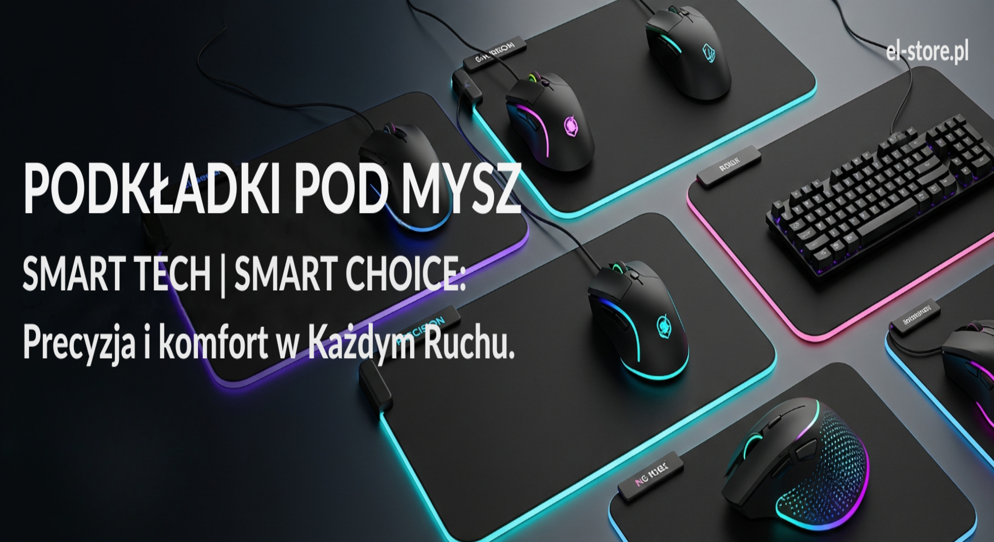 Baner El-Store prezentujący różnorodne podkładki pod mysz z podświetleniem RGB i myszkami gamingowymi, na ciemnym, futurystycznym tle. Tytuł: Podkładki pod Mysz. Slogan: SMART TECH | SMART CHOICE: Precyzja i Komfort w Każdym Ruchu. Adres strony: El-Store.pl.