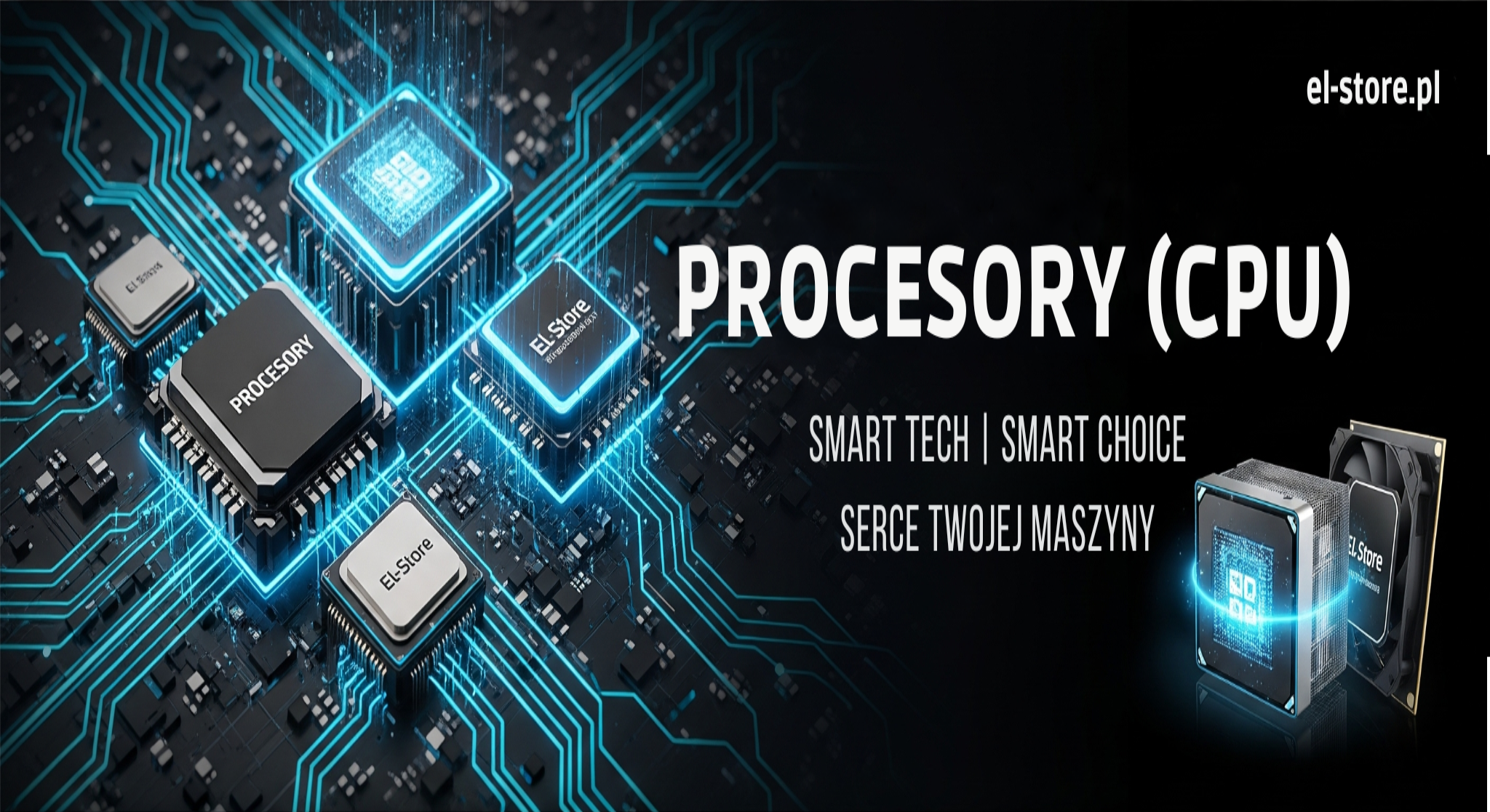 Procesory CPU: Baner El-Store prezentujący zaawansowane procesory komputerowe na ciemnym, futurystycznym tle z niebieskimi, świecącymi ścieżkami płytki drukowanej. Widoczne są różne typy procesorów, symbolizujące moc i precyzję. Tekst: "PROCESORY (CPU)" oraz slogan "SMART TECH | SMART CHOICE: Serce Twojej Maszyny". W prawym górnym rogu logo El-Store, na dole adres strony El-Store.pl.
