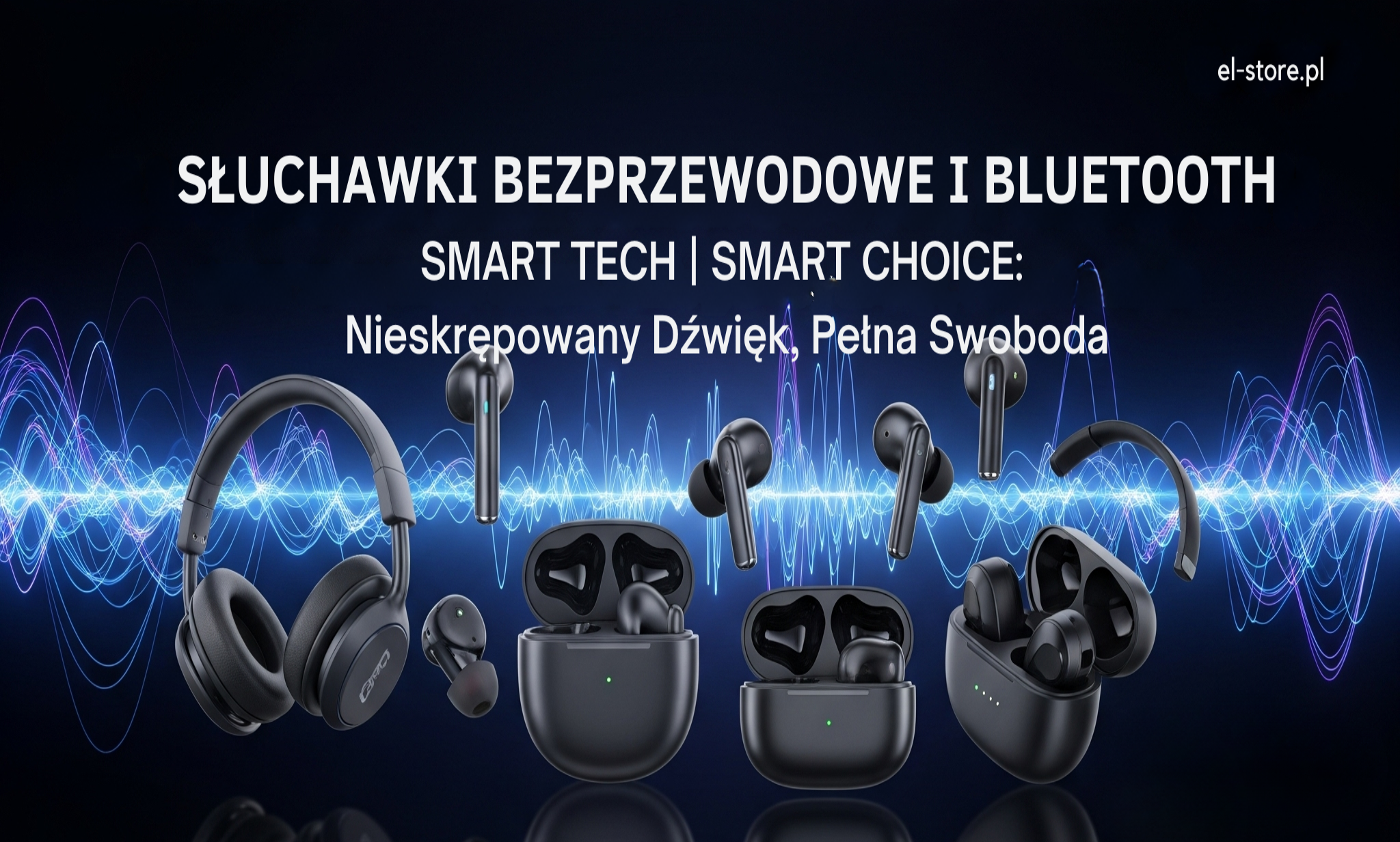 Baner reklamowy El-Store: SŁUCHAWKI BEZPRZEWODOWE I BLUETOOTH. Nowoczesna grafika przedstawiająca różnorodne bezprzewodowe słuchawki douszne i nauszne, w tym w etui ładującym, na ciemnym tle z abstrakcyjnymi wzorami światła symbolizującymi fale dźwiękowe. Slogan "SMART TECH | SMART CHOICE: Nieskrępowany Dźwięk, Pełna Swoboda" oraz adres strony El-Store.pl. Podkreśla swobodę i jakość dźwięku.