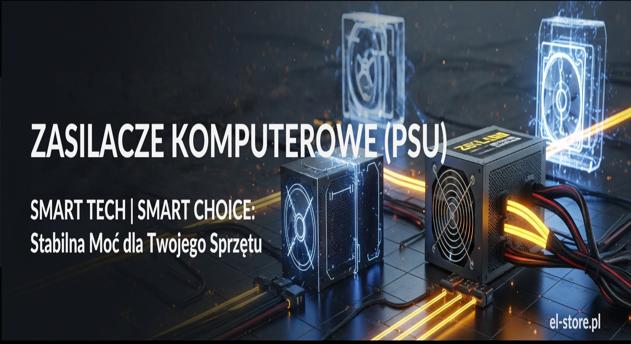 Zasilacze Komputerowe (PSU): Baner El-Store prezentujący nowoczesne zasilacze komputerowe na ciemnym, industrialno-futurystycznym tle z pomarańczowo-niebieskimi, świecącymi liniami energetycznymi i siatkami. Widoczne są dwa modułowe zasilacze z kablami, symbolizujące stabilną i kontrolowaną moc. Tekst: "ZASILACZE KOMPUTEROWE (PSU)" oraz slogan "SMART TECH | SMART CHOICE: Stabilna Moc dla Twojego Sprzętu". W prawym górnym rogu logo El-Store, na środku adres strony El-Store.pl.