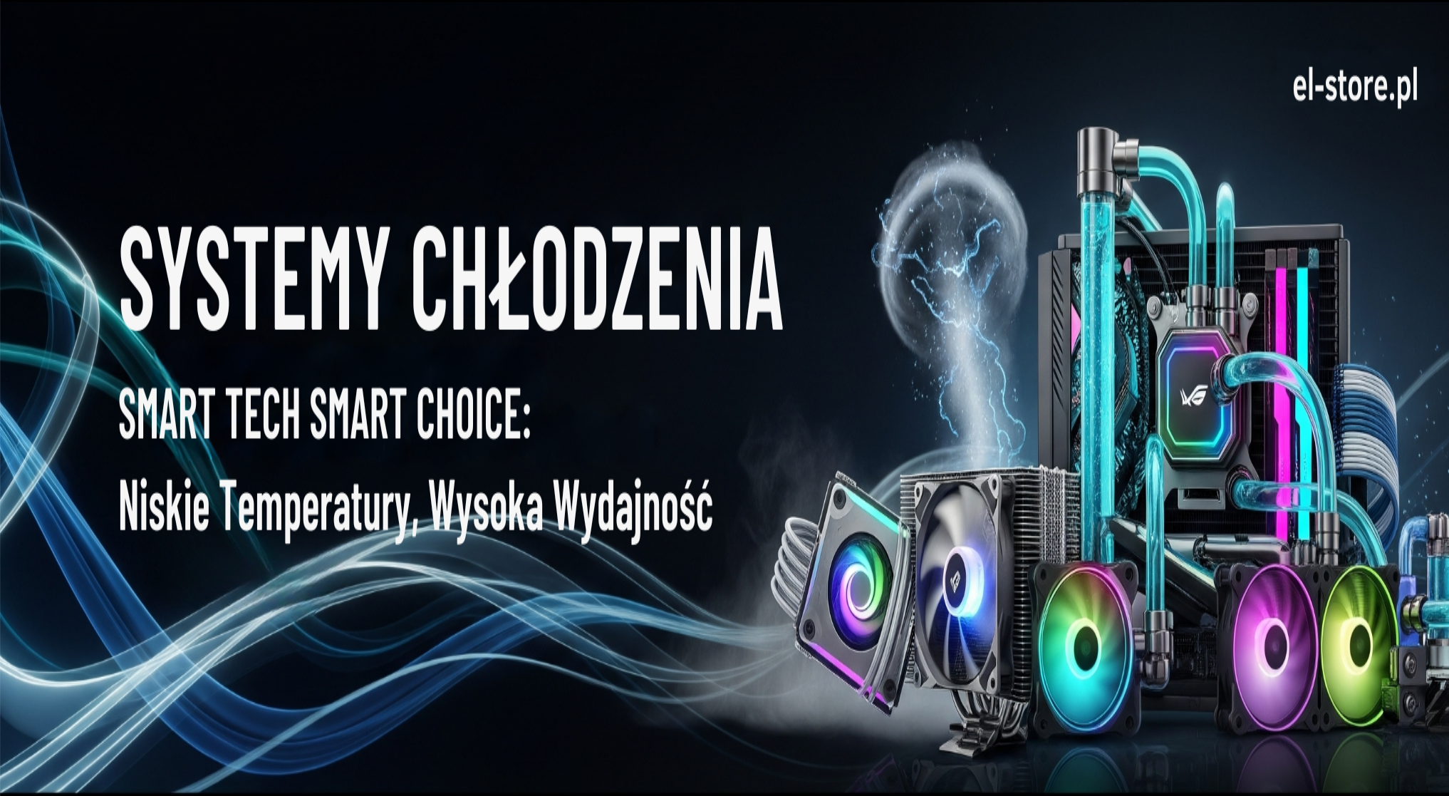 Systemy Chłodzenia: Baner El-Store prezentujący różnorodne komputerowe systemy chłodzenia, w tym chłodzenia powietrzne i wodne AIO, na ciemnym, futurystycznym tle z niebiesko-zielonymi smugami światła i parą. Widoczne są wentylatory z podświetleniem RGB i bloki wodne, symbolizujące niskie temperatury i wysoką wydajność. Tekst: "SYSTEMY CHŁODZENIA" oraz slogan "SMART TECH | SMART CHOICE: Niskie Temperatury, Wysoka Wydajność". W prawym górnym rogu logo El-Store, na dole adres strony El-Store.pl.