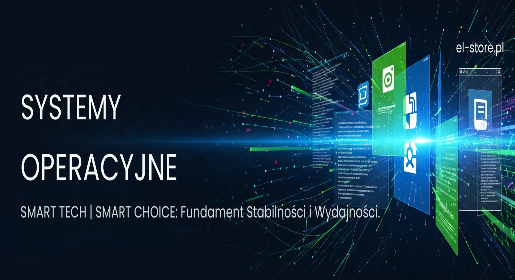 Baner El-Store przedstawiający abstrakcyjną, cyfrową scenę z elementami interfejsu użytkownika, fragmentami kodu i dynamicznymi liniami danych, symbolizującymi systemy operacyjne, na ciemnym, futurystycznym tle. Tytuł: Systemy Operacyjne. Slogan: SMART TECH | SMART CHOICE: Fundament Stabilności i Wydajności. Adres strony: El-Store.pl.