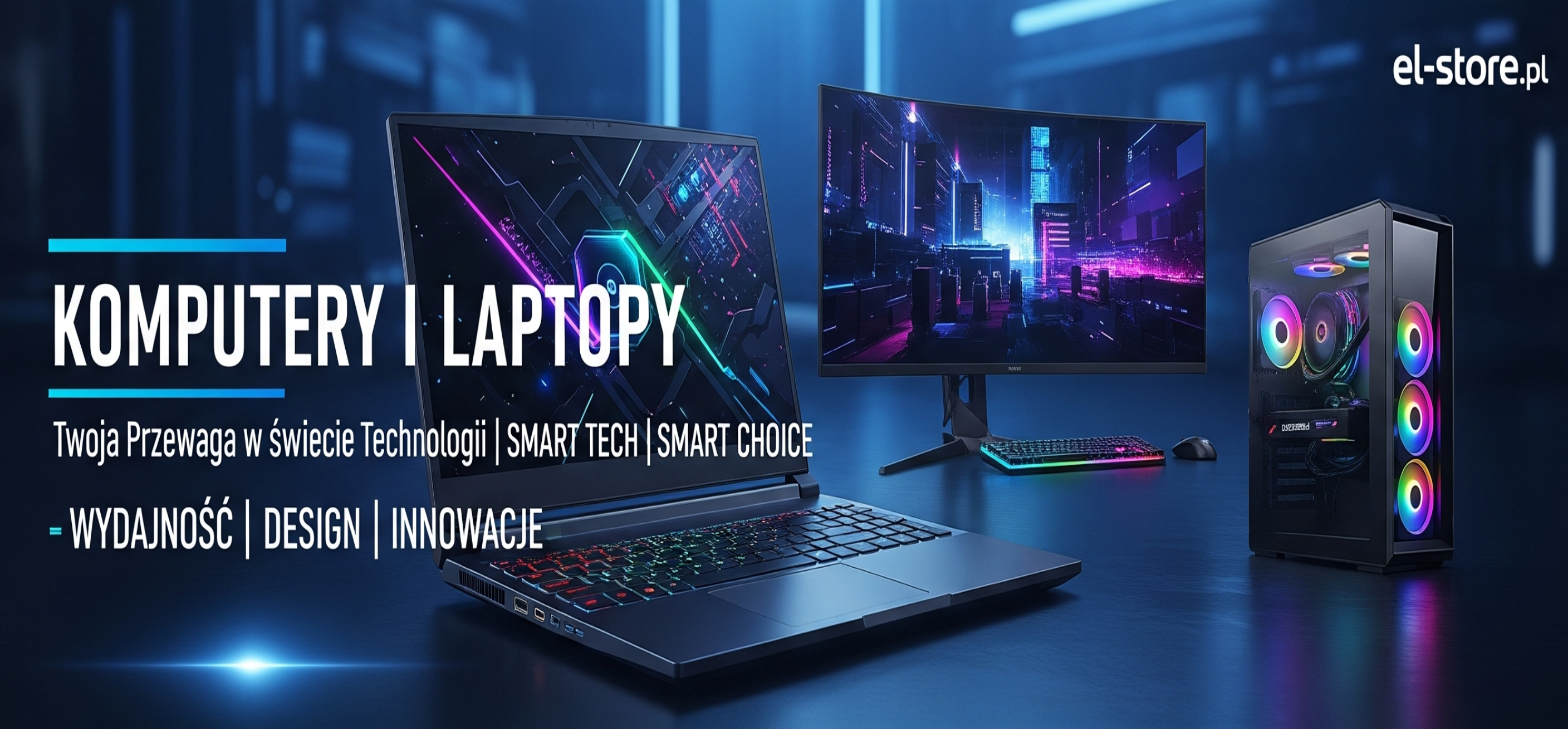 Baner kategorii Komputery i Laptopy w El-Store.pl, przedstawiający gamingowy komputer stacjonarny z RGB oraz eleganckie laptopy biznesowe na futurystycznym, ciemnym tle z niebieskimi akcentami. Napisy: Komputery i Laptopy, Twój Świat Wysokiej Wydajności | SMART TECH | SMART CHOICE, Wydajność | Innowacje | Niezawodność.