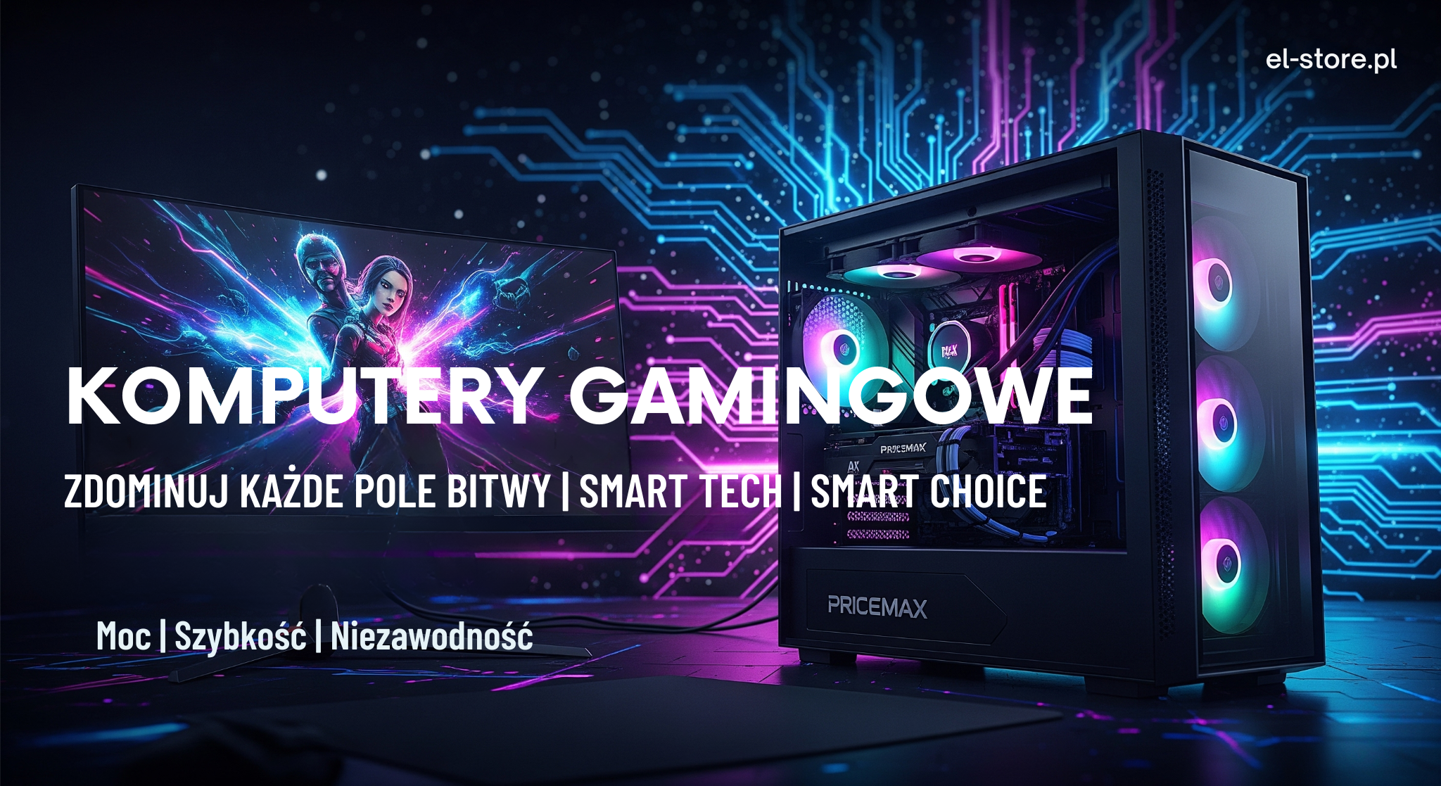 Baner subkategorii Komputery Gamingowe w El-Store.pl, w rozmiarze 1100x300 pikseli. Przedstawia wydajny, podświetlany komputer gamingowy (podobny do serii Pricemax) obok monitora wyświetlającego dynamiczną scenę z gry, na ciemnym, futurystycznym tle z niebiesko-fioletowymi akcentami RGB. Napisy: KOMPUTERY GAMINGOWE, Zdominuj Każde Pole Bitwy | SMART TECH | SMART CHOICE, Moc | Szybkość | Niezawodność. Logo El-Store w prawym górnym rogu.